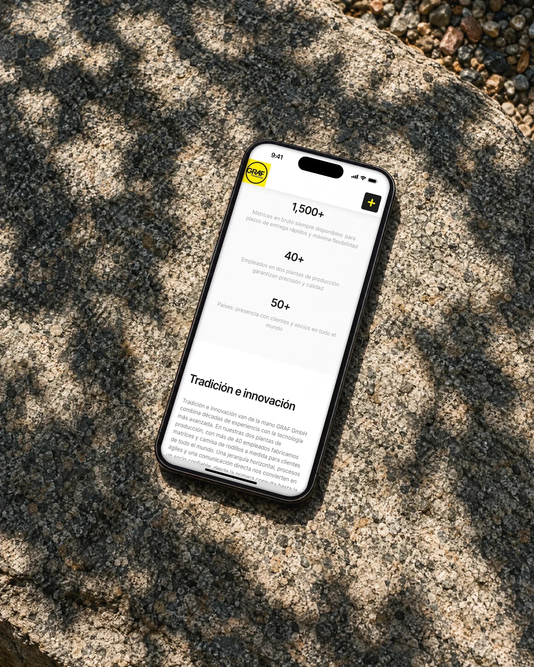 Ein Handy mit der spanischen Fassung der Graf-Website liegt auf einem Granitblock im Schatten von Blättern