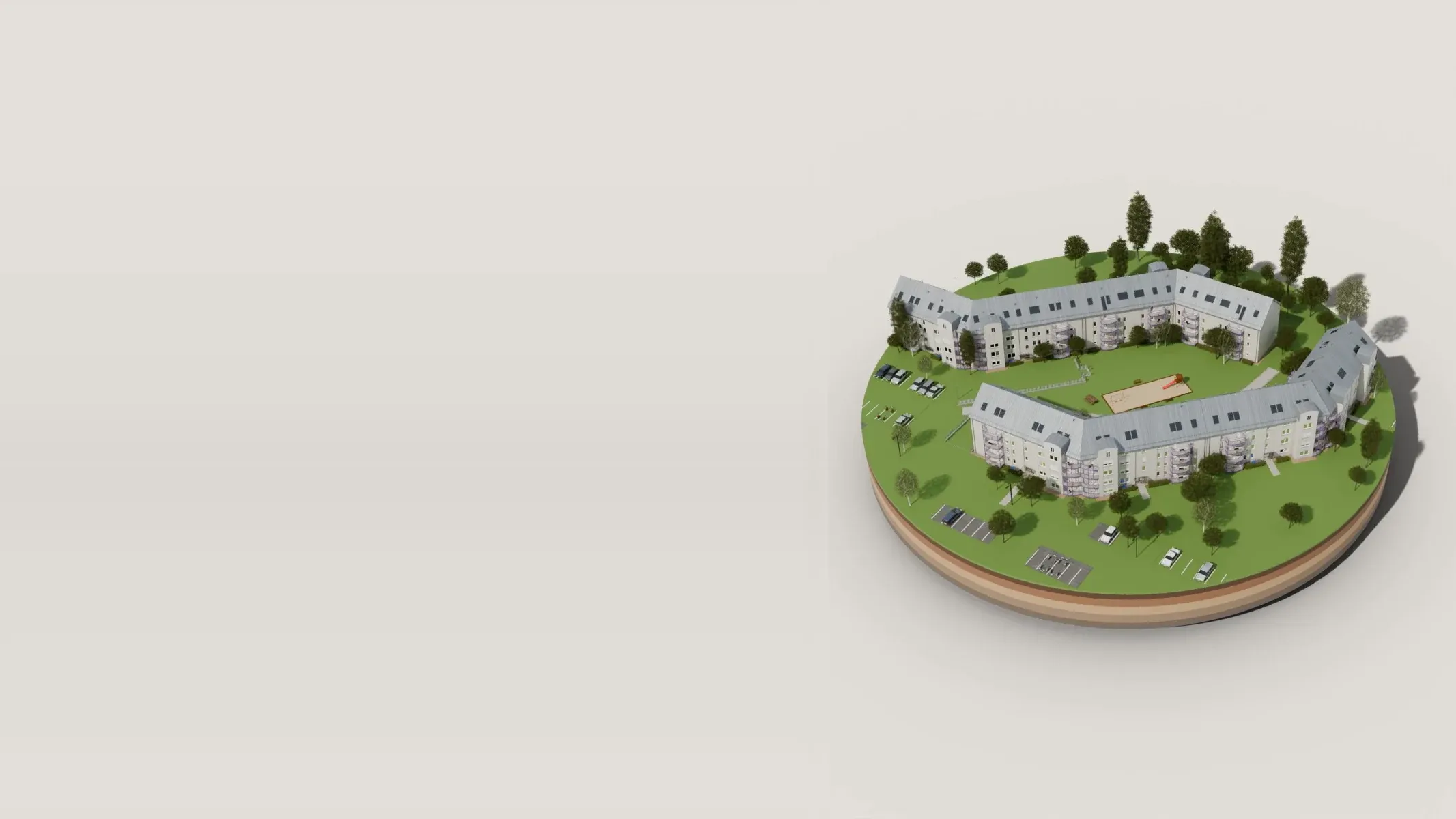 3D-Modell einer Wohnanlage von Titus Wohnen mit Bäumen und Wegen auf einer runden Rasenscheibe