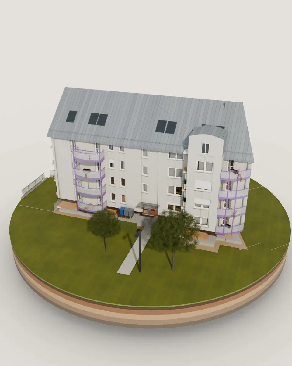 3D-Modell eines Wohnhauses von Titus Wohnen mit Bäumen auf einer runden Rasenscheibe